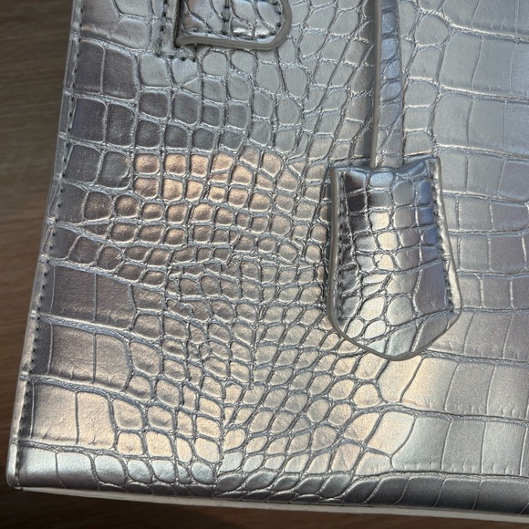 Silver Croc-Embossed Top Handle Novelty Bag with Cartoon Eyes and Gold Hardware - Picture 5 of 6